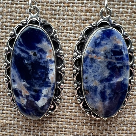 New Blue Sodalite Stone Silver Overlay Hook Earrings - Picture 2 of 4